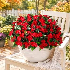 lot 19960 image: Livole Artificial Impatiens Flowers for Outdoors, Realistic Fake Outdoor Flowers Impatiens UV Resistant Artificial Outdoor Flower for Outside Faux Flower Plants for Garden Home Decor, Red 3 Bundles