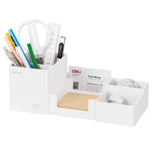 lot 19961 image: deli Desk Organizer, Plastic Desktop Organizer with Pencil Holder and Sticky Note Tray, Office Stationery Supplies Organizers Accessories Caddy, 6 Compartments, White