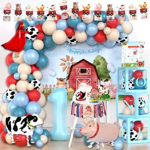 lot 20096 image: Party Inspo Farm 1st Party Decorations Boy, 1st Birthday Decorations Boy, Blue Barn Animal First Birthday Decorations, Balloon Photo Highchair Banner Cake Topper Box Cutout Crown Poster, 160 PCs