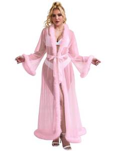 lot 20099 image: ohyeahlady Women Feather Fur Robe Sheer Mesh Bridal Dressing Gown Sexy Pink Lingerie Nightgown Long Bathrobe Sleepwear M-L