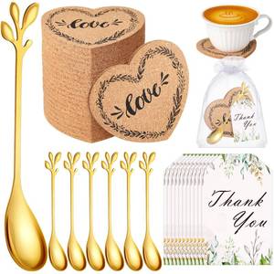 lot 20103 image: Yiyiring 100 Sets Wedding Favors for Guests Bridal Shower Tea Party Favor for Guest Include 25 Heart Cork Coasters Leaf Tea Spoon Thank You Card with Organza Bag Bridal Shower Gift(Gold)