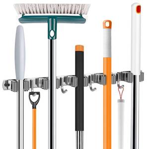 lot 20105 image: UNIFUN Broom Holder Wall Mount, Broom Organizer Wall Mount Stainless Steel Broom and Mop Hanger Heavy Duty Storage Organization for Home Kitchen Garden Garage Room 5 Racks 4 Hooks (2PACK)(Grey Racks)
