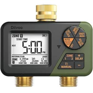 lot 20111 image: Diivoo Brass Sprinkler Timer 2 Zone, IP66 Waterproof Programmable Water Hose Timer 2 Outlet with Large Display, Rain Delay & Manual Watering for Outdoor Automatic Irrigation of Garden, Lawn, Yard