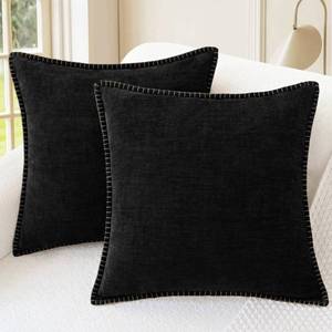 lot 20118 image: CaliTime Throw Pillow Covers Decorative 18 X 18 Inches Pack of 2 Cotton Thread Stitching Edges Solid Dyed Soft Chenille Cushion Cases for Couch Sofa Bed Living Room Farmhouse Black