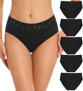 lot 20154 image: RHYFF Womens Underwear Cotton Hipster Panties Lace Soft Bikini Panty Ladies Stretch Full Briefs 5 Pack L(R6004L-Black)