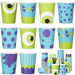 lot 20174 image: Vesici 100 Pcs Monster Party Supplies 9 oz Disposable Paper Cups Cartoon Blue Purple Green Monster Themed Party Cups for Girl Boy Birthday Baby Shower Decorations(Open Box, Missing Pieces)
