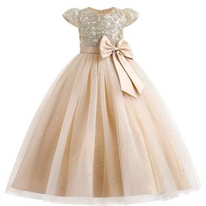 lot 20186 image: Flower Girl Sequin Lace Dress for Kids Wedding Bridesmaid Pageant Party Formal Long Maxi Gown Big Little Princess First Communion Birthday Prom Bowknot Tulle Dresses Champagne - Cap Sleeve 9-10 Years