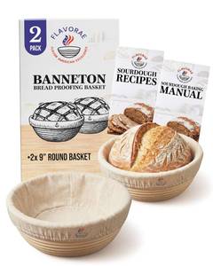 lot 1542 image: FLAVORAE Banneton Bread Proofing Basket with Liners - Natural Rattan Dough Riser, Sourdough Bread Basket, Artisan Bread Loaves, Homemade Bread Making - 2 Pack 9  Round Basket