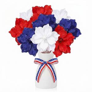 lot 1553 image: 9 Pcs Red White Blue Poinsettia Flowers 4th of July Memorial Day Patriotic Flowers Artificial 250th Anniversary Christmas Tree Picks for Veterans DIY Table Centerpiece Vase Filler Party Decorations