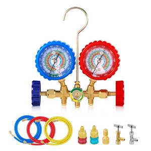 lot 2130 image: Orion Motor Tech AC Gauge Set, 3-Way AC Manifold Gauge Set for R134a R12 R502 R22 Refrigerant with 5 ft. Hoses, Automotive AC Gauge with R134a Couplers Self-Sealing Piercing Can Taps 29° Adapter