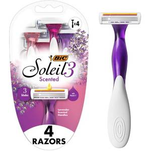 lot 2140 image: BIC Soleil 3 Scented Womens Disposable 3-Blade Razors, Moisture Strip with Vitamin E and Lavender Scented Handles, 4-Pack