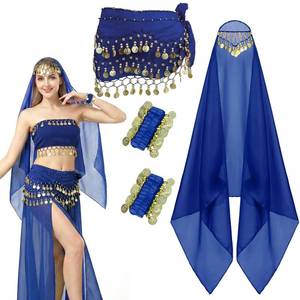 lot 2160 image: GANZHOUYILAN 4 Pcs Belly Dance Hip Scarf Sets, Belly Dance Skirt & Head Scarf with Coins, 2 Coin Wrist Bracelet 50 Bobby Pins (US, Alpha, One Size, Regular, Short, Dark Blue)