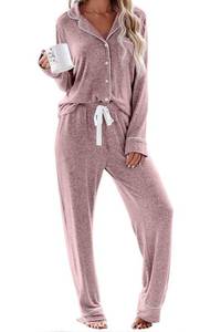lot 2161 image: Aamikast Womens Two-piece Classic knit Pajama Sets Long Sleeve Button Down Sleepwear (XL, Pink)
