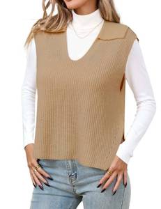 lot 2171 image: Libsorge Womens Lightweight Cute Polo Collar Sweater Vest Fall 2025 Trendy Ladies Dressy Casual Summer Outfits Sexy V Neck Side Slit Thin Sleeveless Knit Tank Tops Camel L