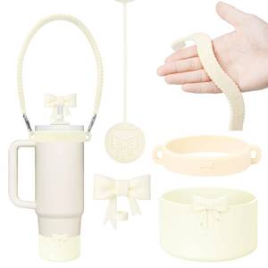 lot 2209 image: HIUSITY 4Pcs Beige Bow 10mm Straw Covers Cap Toppers for Stanley Cup 40oz,Silicone Boot Sleeve Protector Bumper,Reusable Water Bottle Handle Strap,Cute Tea Strainer for Stanleys Cups Accessories Set