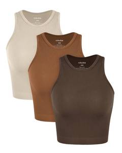 lot 2214 image: ODODOS 3-Pack Seamless Tank for Women Rib-Knit Soft Sleeveless High Neck Tank Tops, Waist Length, BrunetteClayMushroom, MediumLarge