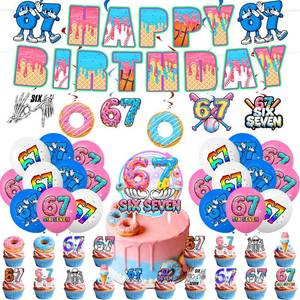 lot 2219 image: 6 7 Birthday Decorations, 6 7 Birthday Theme Decoration 5 Set Includes Banner, Large Cake Topper, 6 x Hanging Swirls, 24 x Cupcake Toppers, 18 x Ballons