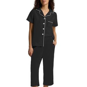 lot 2221 image: SIORO Capri Pajamas Set for Women, Button Down Sleepwear Short Sleeve Loungewear, Waffle Knit Top with Capri Pants Pjs Black XS