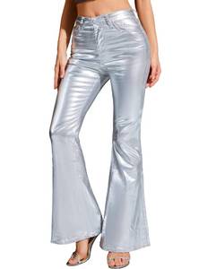 lot 2225 image: Odefou Sparkly Bell Bottom Jeans for Women Flare Silver Metallic Pants Bootcut Pantalones De Mujer Rave Outfits(Silver,10)
