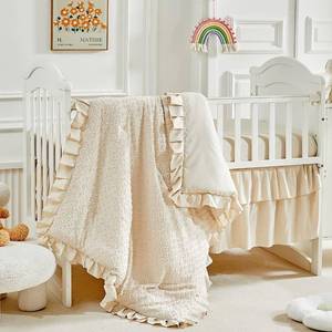 lot 4141 image: 3 Pieces Tufted Crib Bedding Set with Ruffle Fringe, Beige Ruffled Comforter with Fitted Sheet and Bed Skirt , Soft and Embroidery Shabby Chic Boho Bohemian Jacquard Design for Baby Girls Boys