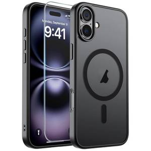 lot 4146 image: SUPFINE Magnetic for iPhone 16 Case with Screen Protector (Compatible with MagSafe)(Military Grade Drop Protection) Translucent Matte Phone Cover,Black