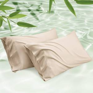 lot 4147 image: Bedsure Pillow Cases Queen, Cooling Pillow Cases, Rayon Derived from Bamboo Beige Pillowcases Queen Size Set of 2, PureWoven Silky Soft Bedding Pillow Covers with Envelope Closure, 20x30 Inches
