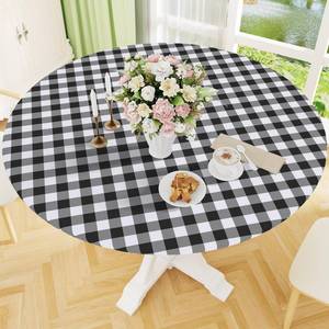 lot 4154 image: Smiry Round Picnic Tablecloth, Elastic Waterproof Fitted Vinyl Tablecloths for 45-56 Tables, Flannel Backed Buffalo Plaid Table Cover for Dining, Camping, Outdoor, Black and White
