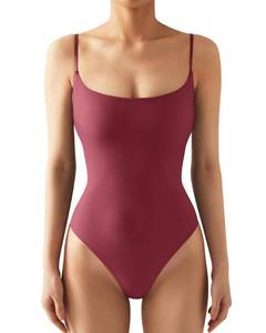 lot 4169 image: SUUKSESS Women Sexy Square Neck Thong Bodysuit Backless Sleeveless Basic Cami Body Suit Top (Maroon, XS)