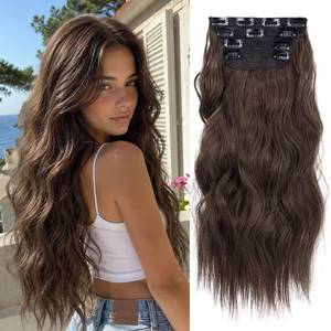lot 4172 image: Double Weft Synthetic Hair Extension 4PCS Thick Hairpieces Clip in Long Wavy Hair Extensions Chestnut Brown 20 Inch (4pcs, 20Inch, 810#)