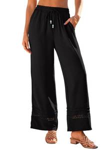 lot 4213 image: Dokotoo Wide Leg Black Pants for Women High Waist Adjustable Drawstring Work Dressy Casual Outfits Quick-Dry Breathable Plus Size Straight Lace Texture Palazzo Trousers with Pocket Linen Lounge Black