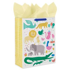 lot 4243 image: Hallmark 15 Extra Large Zoo Animal Gift Bag with Tissue Paper (Baby Elephant, Alligator, Lion, Kitten, Bird) for Baby Showers, First Birthday, New Parents