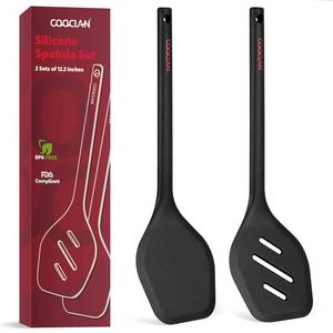 lot 4244 image: COOCLAN Pack of 2 Silicone Spatula Set, Durable One-Piece Design Heat Resistant BPA-Free Silicone Kitchen Spatulas for Non-Stick Pans, Solid & Slotted Spatula Turner Ideal for Flipping, Frying, Black