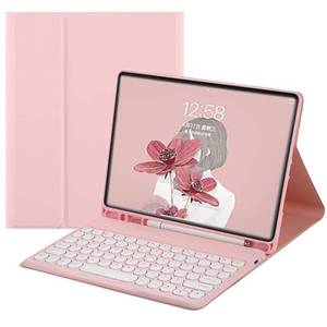 lot 4263 image: HENGHUI Keyboard Case for Galaxy Tab S6 Lite 10.4 inch Keyboard Case Cute Round Key Color Keyboard Wireless Detachable BT Keyboard Cover with S Pen Holder (Pink)
