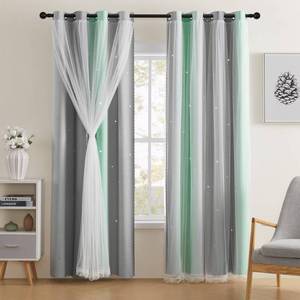 lot 4264 image: XiDi Green Grey Curtains for Girls Bedroom Decor Kids Blackout Curtains for Nursery Room Darkening Rainbow Princess Unicorn Wall Decals Little Girl Grommet Top 52x45 Inches Long 2 Panels Set