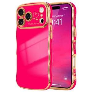 lot 4269 image: LCHULLE for iPhone 17 Pro Max Case for Women Girls, Cute Wave Frame Curly Shape with Love Heart Raised Camera Protection Cover Luxury Plating Shockproof Phone Case for iPhone 17 Pro Max, Hot Pink