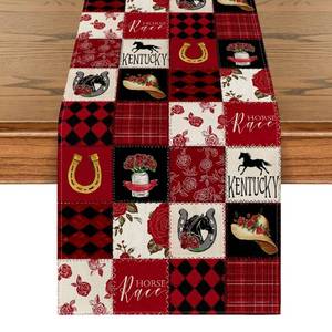 lot 4332 image: Artoid Mode Plaid Horseshoe Roses Horse Kentucky Table Runner, Festival Sports Holiday Kitchen Dining Table Decoration for Home Party Decor 13x72 Inch