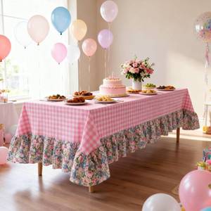 lot 5050 image: Moukeren Pink White Plaid Ruffled Long Table Cloth Rectangular Fits 8-10 Seater Table Linen Cotton Checker Gingham Tablecloth with Flower for Baby Shower Birthday Party Picnic Decorative - 120x60