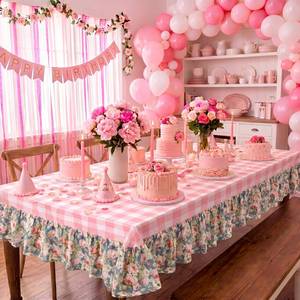 lot 5052 image: Yiyiring Pink Gingham Ruffled Tablecloth Rectangle Cotton Plaid Table Cloth Farmhouse Vintage Floral Checkered Decorative Table Cover 120 x 60 for Baby Shower Picnic Birthday Party Dining Room