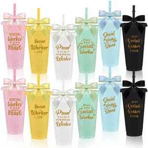 lot 5069 image: Honeydak 12 Set Social Worker Appreciation Week Gifts 24oz Colored Plastic Cups with Lids Straws and Ribbon Bow Decorations Social Worker Thank You for Team Graduation Party Gifts Decoration