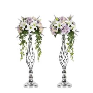 lot 5075 image: LANLONG 2pcs Metal Silver Candle Holders Road Lead Table Centerpiece Stand Pillar Candlestick for Wedding Candelabra Flowers Vases