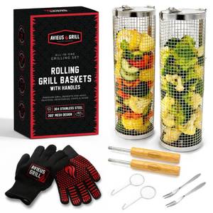 lot 5078 image: AVIEUS Grill Rolling Grill Basket  Rolling Grilling Baskets for Outdoor Grilling 2 Pcs  Barbecue Grill Set with BBQ Gloves  Portable Camping Net Rack Perfect for Vegetables, Seafood & Meat
