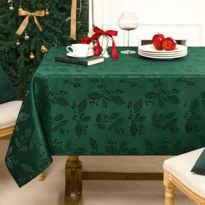 lot 5104 image: Softalker Christmas Jacquard Tablecloth - Waterproof Winter Vintage Damask Rectangle Table Cloth, Xmas Holly Polyester Fabric Table Cover Decor for Holiday, Dining, Party - Green 60 x 144 Inch