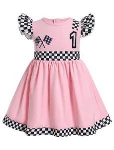 lot 6039 image: Kids Girls 1st 2nd Birthday Race Car Driver Flutter Sleeve Ruffle Dress Racer Pink 1 Year 9-12 Months