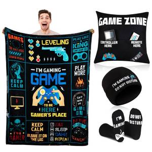 lot 6043 image: Ramede 4 Pcs Christmas Gamer Gifts Set for Men Includes Gaming Throw Blanket, Gamer Pillow Cover, Gaming Beanie Cap, Gamers Socks for Men, Him, Gamers, Father, Game Lover