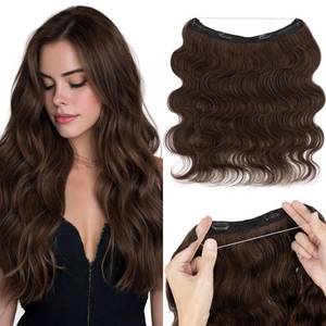 lot 6421 image: MY-LADY Wavy Halo Hair Extensions Real Human Hair for Women Dark Brown Clip in Remy Hairpiece with Adjustable Invisible Wire 18 Inch 65G