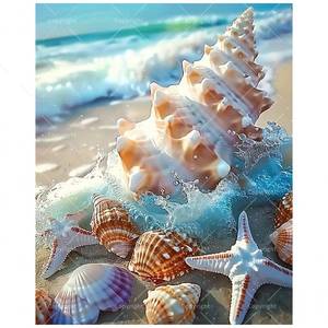 lot 6451 image: Beach Art Paint by Numbers Kit for Adults - DIY Seashells and Starfish Close-up Painting on Canvas 16x20 Inches, Acrylic Paint Set, Suitable for Beginners,Coastal Art for Decoration or Gifts