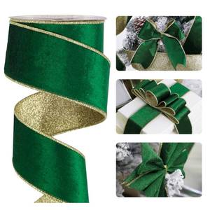 lot 6458 image: HUIHUANG Green Velvet Wired Ribbon Christmas Velvet Wired Edge Ribbon 2.5 inch Green and Gold Double Sided Velvet Ribbon for Christmas Tree Wreaths Gift Wrapping Bows Garland Home Decor-10 Yards