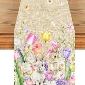 lot 6488 image: Easter Table Runner - Burlap Linen Spring Tulip & Bunny Table Decor, Rustic Floral Rabbit Seasonal Kitchen Dining Decoration for Holiday Home Party(13 x 72 Inch)