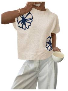 lot 6492 image: SOLY HUX Womens Short Sleeve Sweater 3D Floral Sweaters Pullover Tank Tops Knit Vest Trendy Fashion Clothing Plain Beige Small