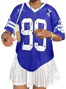 lot 10461 image: Oversized Y2k Jersey Shirts for Women V Neck Number Graphic Tees Streetwear Short Sleeves Top Vintage Fashion Clothing Blue